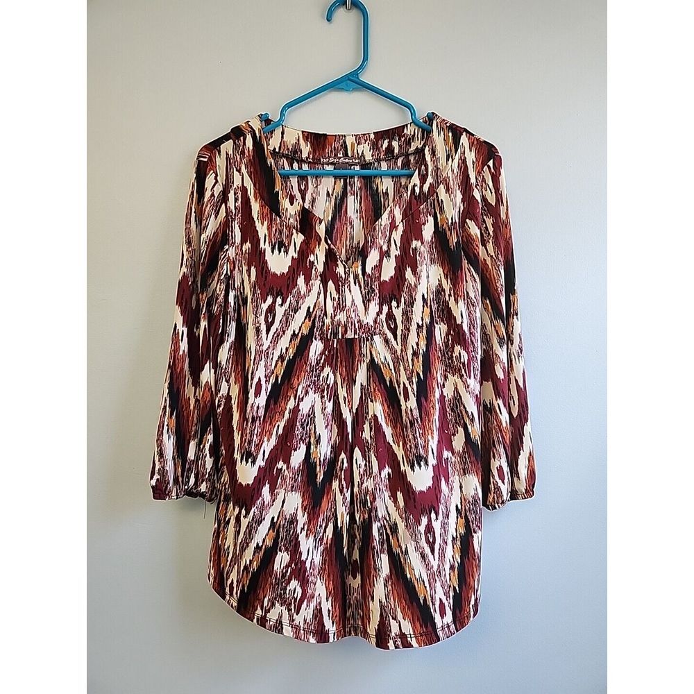 Suzie Couture‎ Women's Top Blouse L Artsy Print V-Neck 3/4 Sleeve